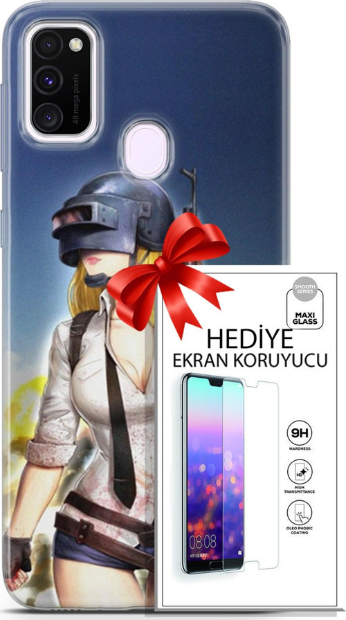 Samsung Galaxy M21 Kılıf Orijinal Seri Pubg 27 Anna Lazer Kesim Silikon Ekran Koruyucu