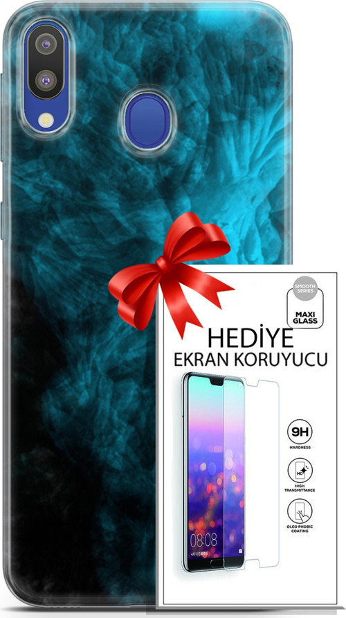 Samsung Galaxy M20 Kılıf Orijinal Seri Nature 15 Mavi Taşlar Kalın Silikon + Ekran Koruyucu