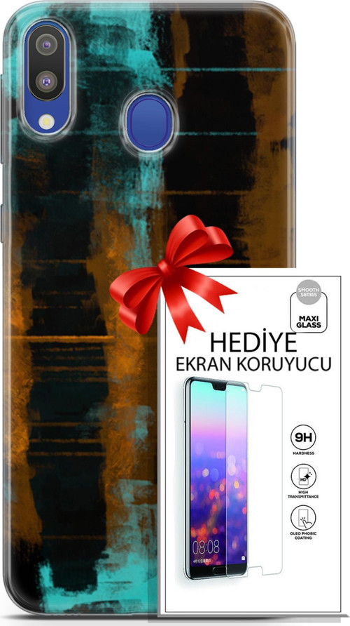 Samsung Galaxy M20 Kılıf Orijinal Seri Nature 05 Turkuaz Siyah Koruma Kılıfı + Ekran Koruyucu
