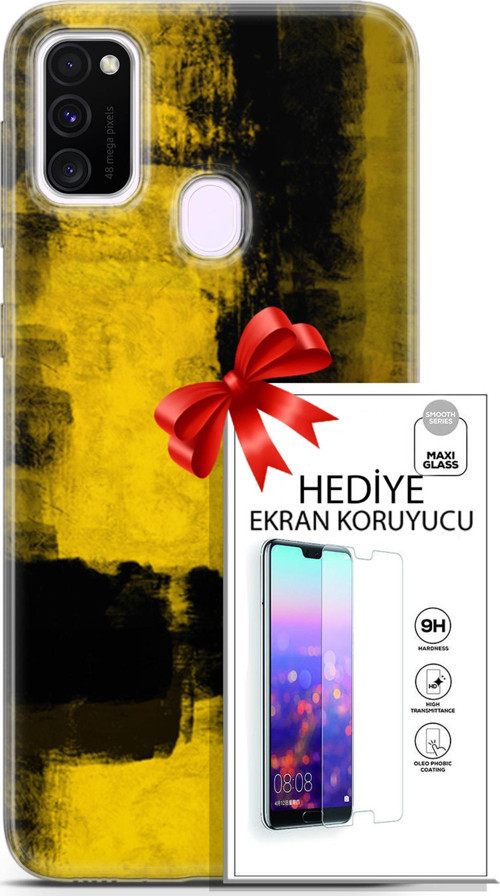Samsung Galaxy M21 Kılıf Orijinal Seri Nature 08 Sarı Siyah Baskılı Kılıf + Ekran Koruyucu