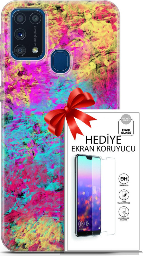Samsung Galaxy M31 Kılıf Orijinal Seri Nature 29 Çok Renkli Leke Tutmaz Kapak + Ekran Koruyucu
