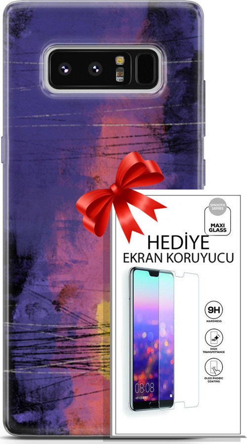 Samsung Galaxy Note 8 Kılıf Orijinal Seri Nature 04 Mor Kırmızı Silikon Kılıf + Ekran Koruyucu Full