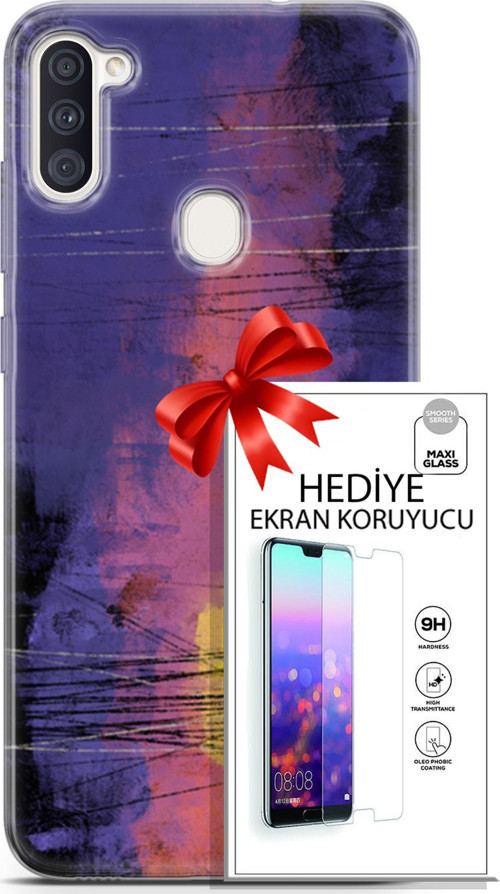 Samsung Galaxy M11 Kılıf Orijinal Seri Nature 04 Mor Kırmızı Silikon Kılıf + Ekran Koruyucu Full Koruma