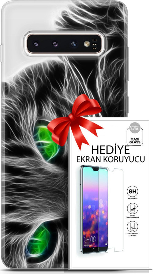 Samsung Galaxy S10 Kılıf Orijinal Seri Scotish-British 27 Yeşil Gözlü Kedi Lazer Kesim Silikon Ekran Koruyucu