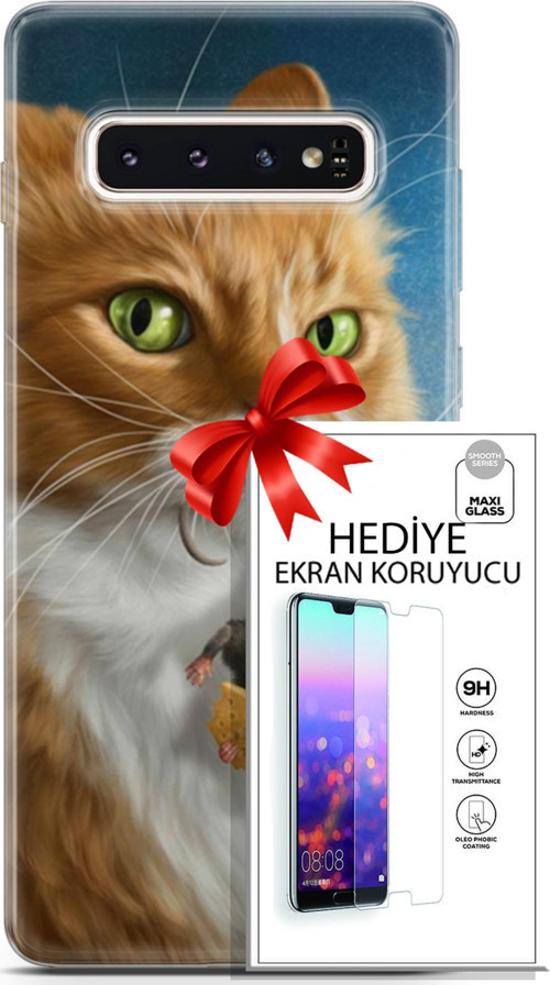 Samsung Galaxy S10 Kılıf Orijinal Seri Scotish-British 14 Sibirya Kedisi Avcı Cover Kılıf + Ön Ekran Koruyucu