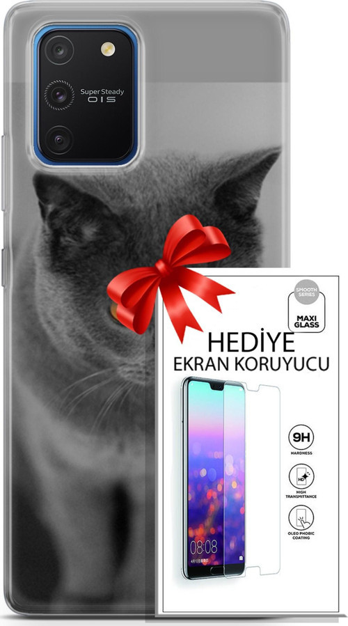 Samsung Galaxy S10 Lite Kılıf Orijinal Seri Scotish-British 04 Turuncu Göz Silikon Kılıf + Ekran Koruyucu