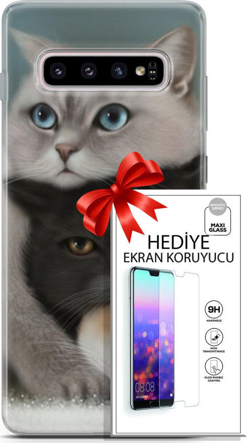 Samsung Galaxy S10 Plus Kılıf Orijinal Seri Scotish-British 13 Beyaz Gri Kahve Kediler Case Kapak Ekran Koruyucu