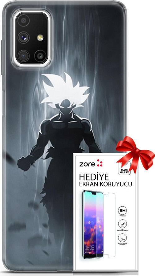 Samsung Galaxy M51 Kılıf Orijinal Seri Supers 27 Dark Goku Lazer Kesim Silikon Ekran Koruyucu
