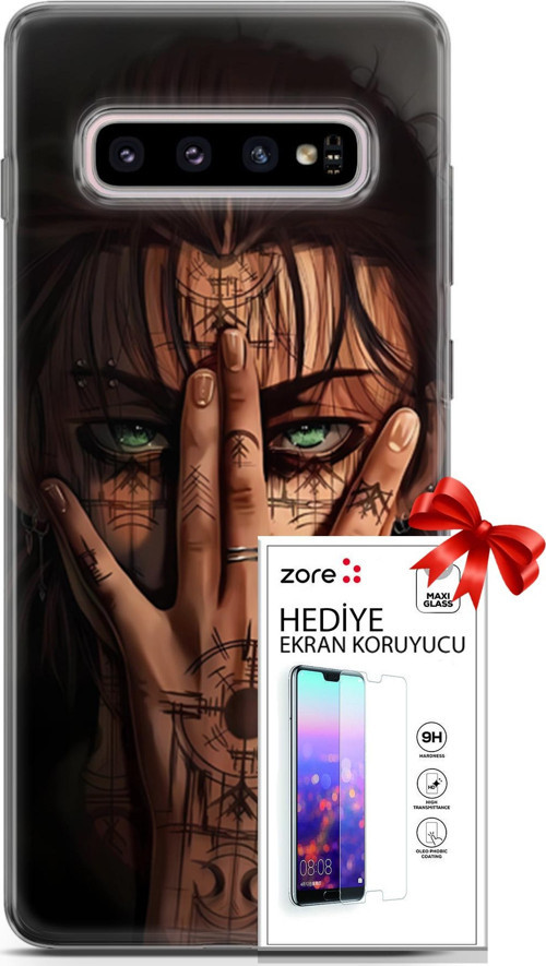 Samsung Galaxy S10 Plus Kılıf Orijinal Seri Supers 22 Eren Yeager Kap + Ekran Koruyucu