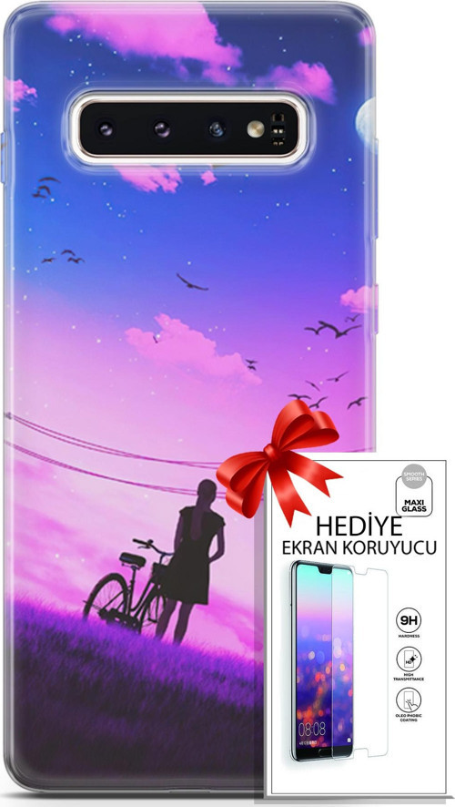 Samsung Galaxy S10 Kılıf Orijinal Seri Algorand 28 Bisikletli Kız İz Bırakmayan Kılıf + Ön Ekran Koruyucu