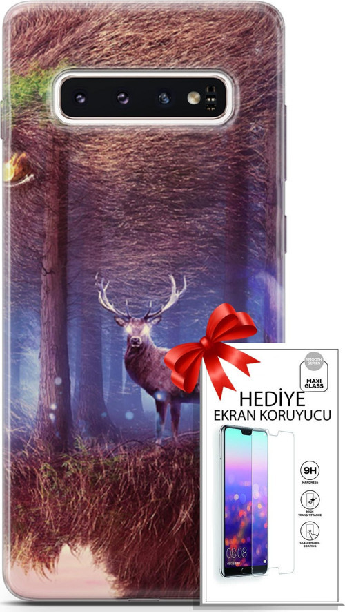 Samsung Galaxy S10 Kılıf Orijinal Seri Algorand 15 Büyük Boynuzlar Kalın Silikon + Ekran Koruyucu
