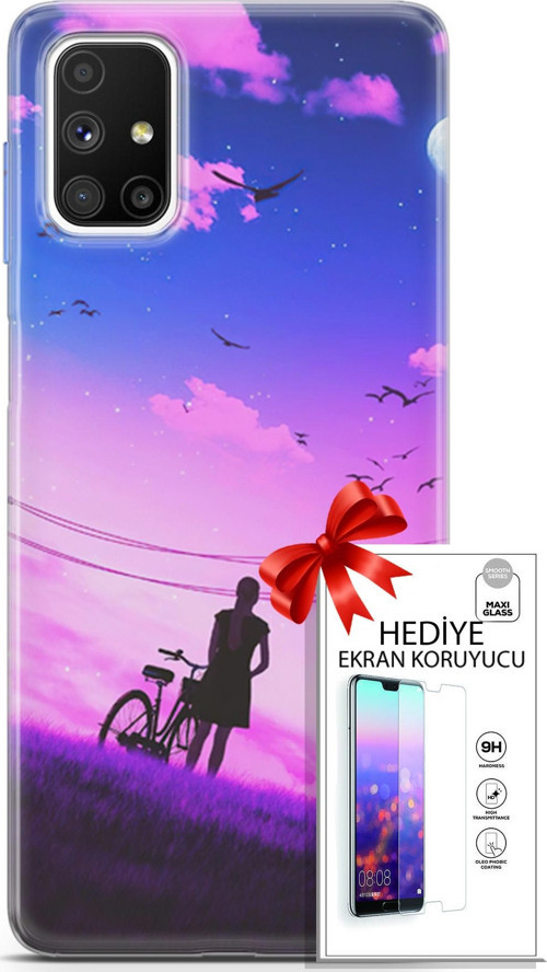 Samsung Galaxy M51 Kılıf Orijinal Seri Algorand 28 Bisikletli Kız İz Bırakmayan Kılıf + Ön Ekran Koruyucu