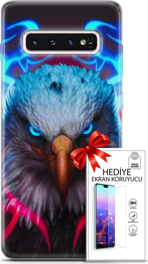 Samsung Galaxy S10 Kılıf Orijinal Seri Algorand 11 Baykuş Sert 4K Baskılı Kılıf + Ekran Koruyucu Ful
