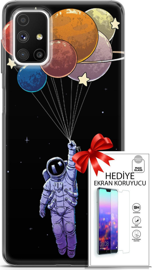 Samsung Galaxy M51 Kılıf Orijinal Seri Algorand 07 Uçan Balon Astronot Desenli Kılıf + Ön Ekran Koruyucu