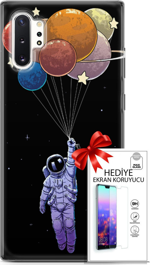 Samsung Galaxy Note 10 Plus Kılıf Orijinal Seri Algorand 07 Uçan Balon Astronot Desenli Kılıf + Ön Ekran Koruyucu