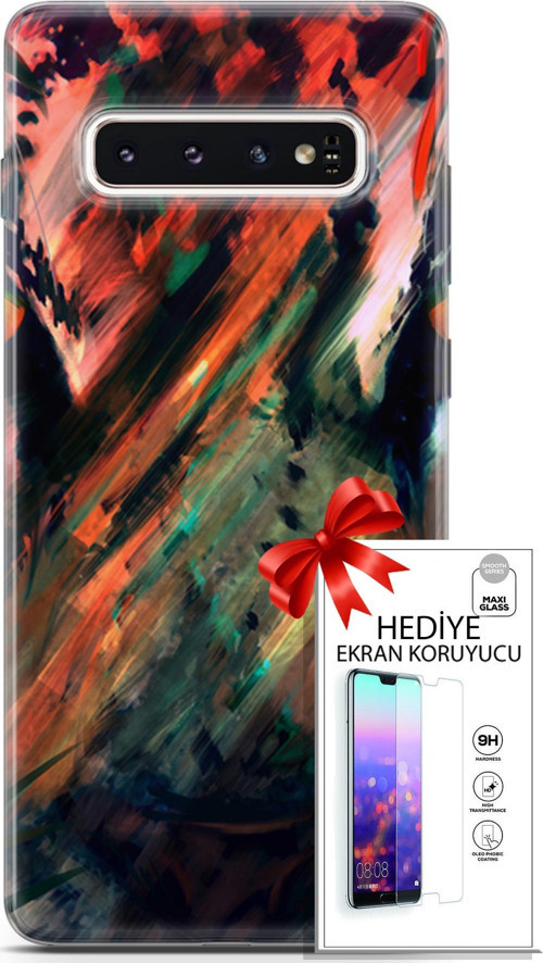 Samsung Galaxy S10 Kılıf Orijinal Seri Algorand 20 Kırmızı Yeşil Renkli Kılıf Ekran Koruyucu