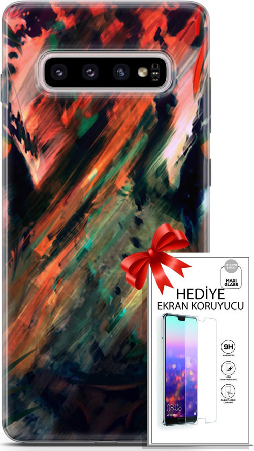 Samsung Galaxy S10 Plus Kılıf Orijinal Seri Algorand 20 Kırmızı Yeşil Renkli Kılıf Ekran Koruyucu
