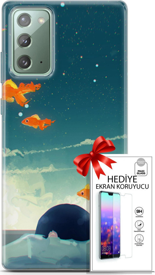 Samsung Galaxy Note 20 Kılıf Orijinal Seri Algorand 29 Uçan Balıklar Leke Tutmaz Kapak + Ekran Koruyucu