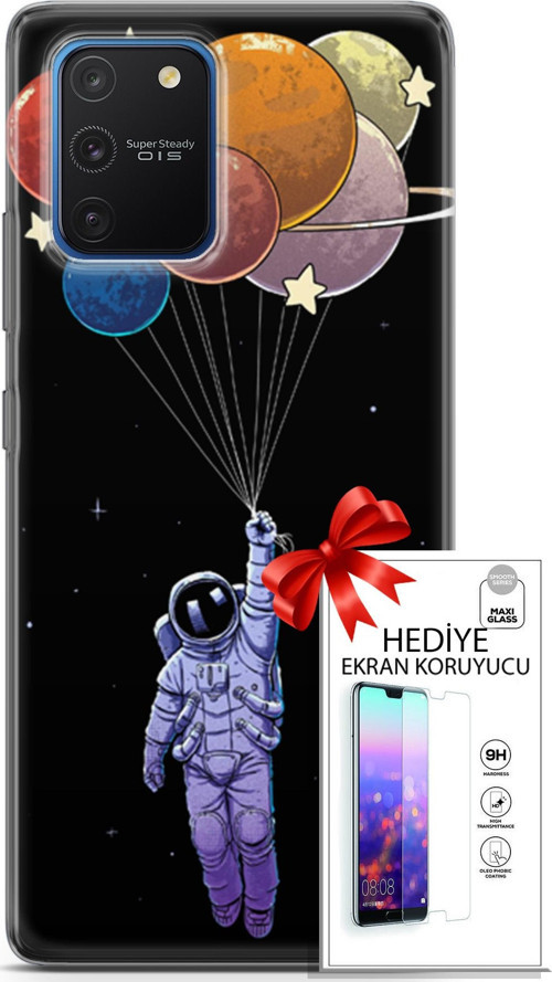 Samsung Galaxy S10 Lite Kılıf Orijinal Seri Algorand 07 Uçan Balon Astronot Desenli Kılıf + Ön Ekran Koruyucu