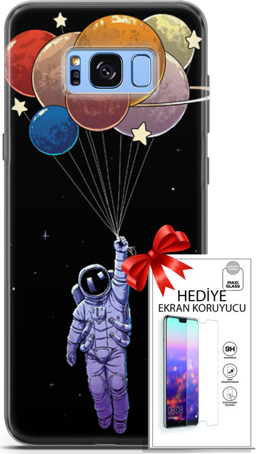 Samsung Galaxy S8 Plus Kılıf Orijinal Seri Algorand 07 Uçan Balon Astronot Desenli Kılıf + Ön Ekran Koruyucu