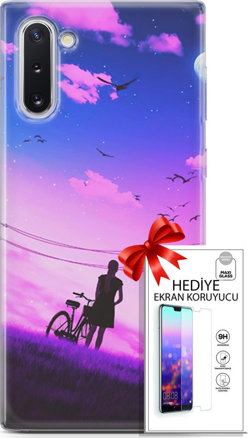 Samsung Galaxy Note 10 Kılıf Orijinal Seri Algorand 28 Bisikletli Kız İz Bırakmayan Kılıf + Ön Ekran Koruyucu