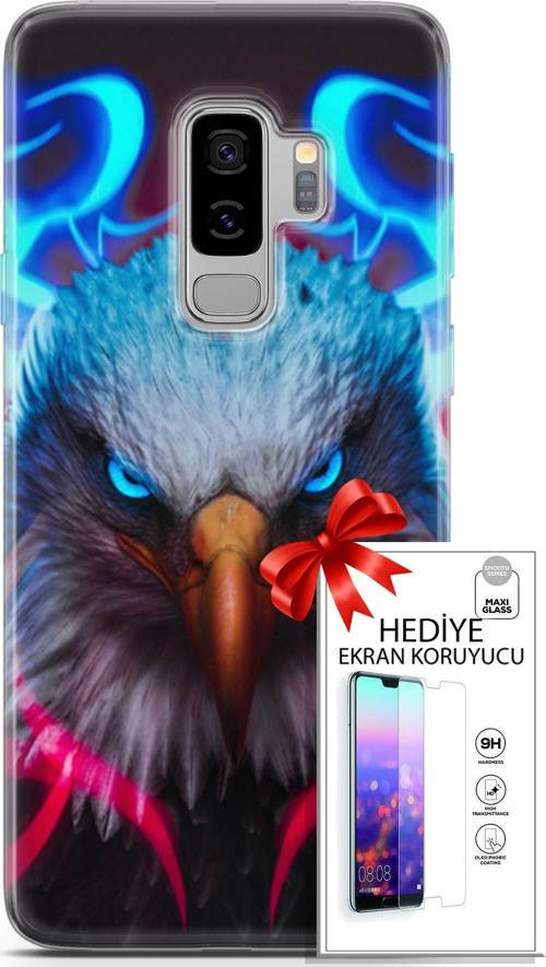 Samsung Galaxy S9 Plus Kılıf Orijinal Seri Algorand 11 Baykuş Sert 4K Baskılı Kılıf + Ekran Koruyucu