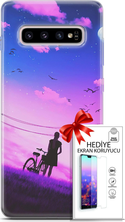 Samsung Galaxy S10 Plus Kılıf Orijinal Seri Algorand 28 Bisikletli Kız İz Bırakmayan Kılıf + Ön Ekran Koruyucu