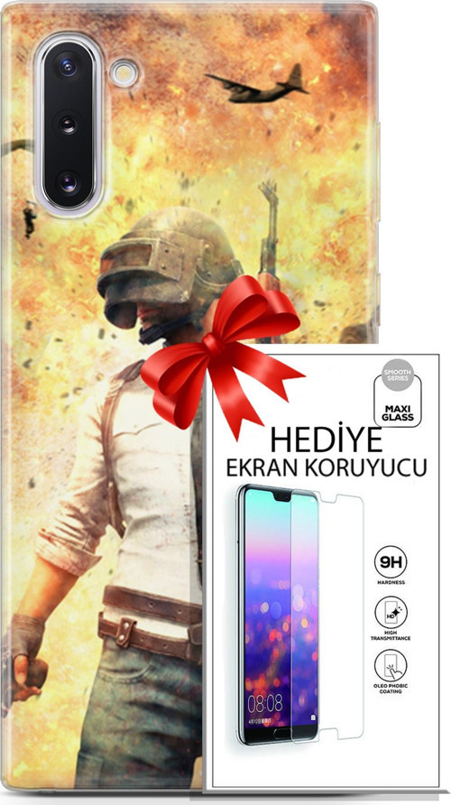 Samsung Galaxy Note 10 Kılıf Orijinal Seri Pubg 29 Uçak Paraşüt Leke Tutmaz Kapak + Ekran Koruyucu