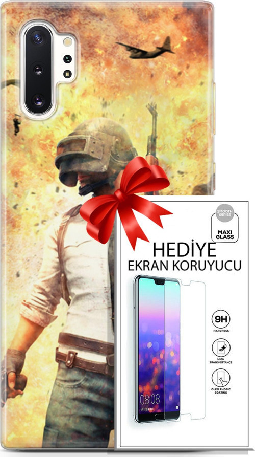 Samsung Galaxy Note 10 Plus Kılıf Orijinal Seri Pubg 29 Uçak Paraşüt Leke Tutmaz Kapak + Ekran Koruyucu