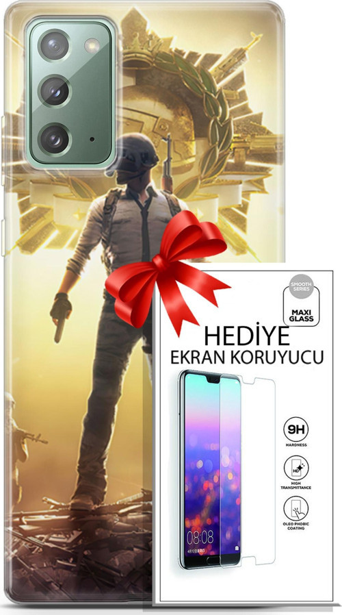 Samsung Galaxy Note 20 Kılıf Orijinal Seri Pubg 08 Kasklı Baskılı Kılıf + Ekran Koruyucu