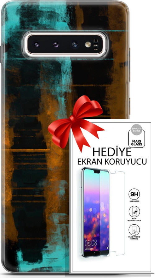 Samsung Galaxy S10 Kılıf Orijinal Seri Nature 05 Turkuaz Siyah Koruma Kılıfı + Ekran Koruyucu