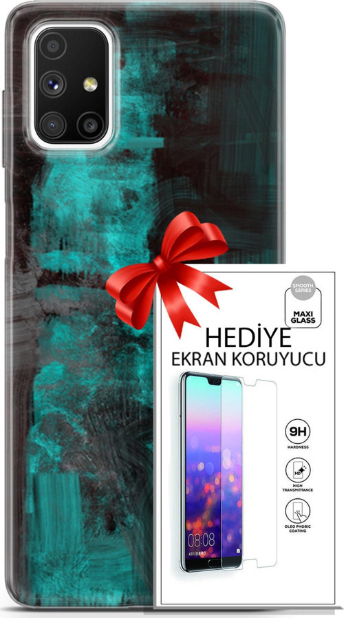 Samsung Galaxy M51 Kılıf Orijinal Seri Nature 11 Yeşil Siyah 4K Baskılı Kılıf + Ekran Koruyucu Full