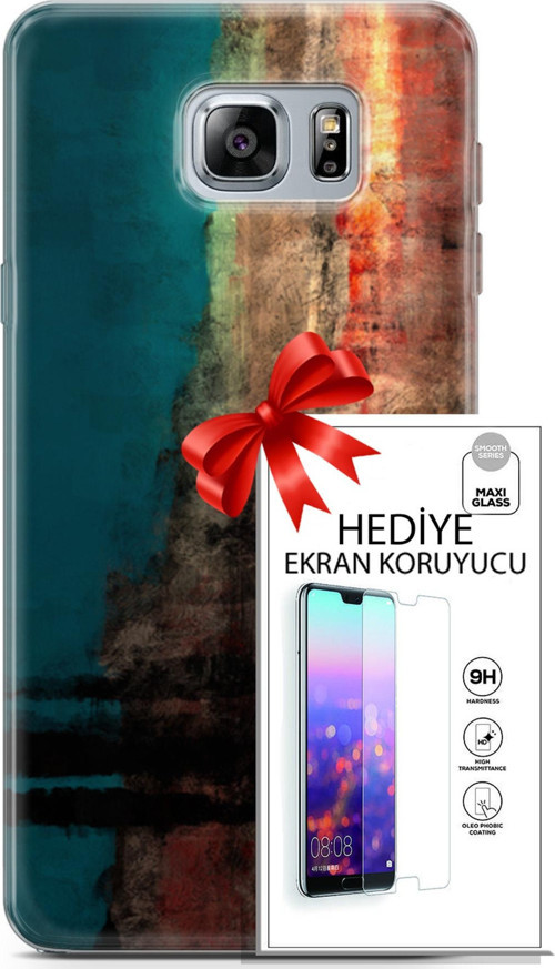 Samsung Galaxy Note 5 Kılıf Orijinal Seri Nature 03 Yeşil Turuncu Taş Arka Kapak + Ekran Koruyucu