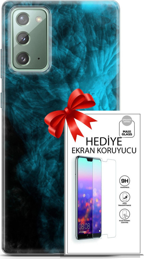 Samsung Galaxy Note 20 Kılıf Orijinal Seri Nature 15 Mavi Taşlar Kalın Silikon + Ekran Koruyucu