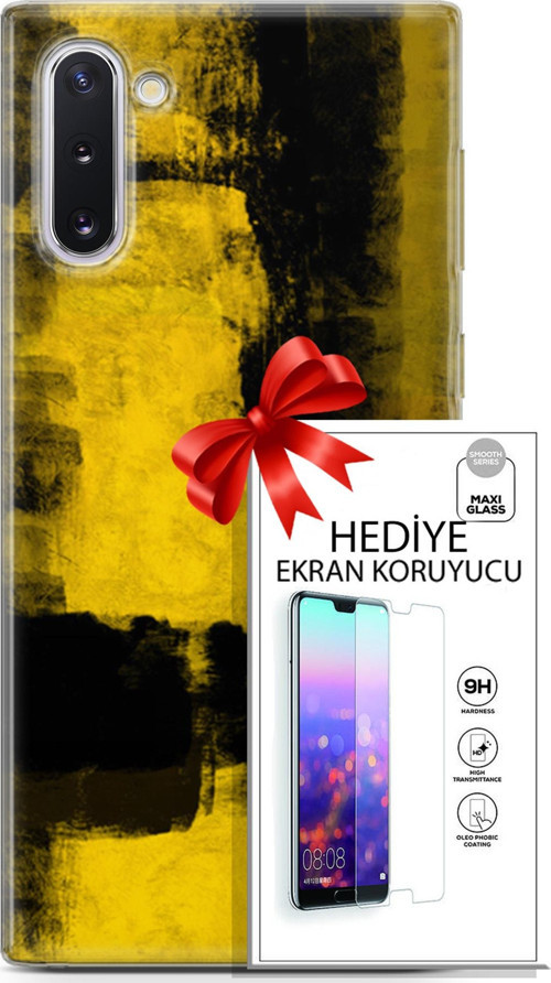 Samsung Galaxy Note 10 Kılıf Orijinal Seri Nature 08 Sarı Siyah Baskılı Kılıf + Ekran Koruyucu