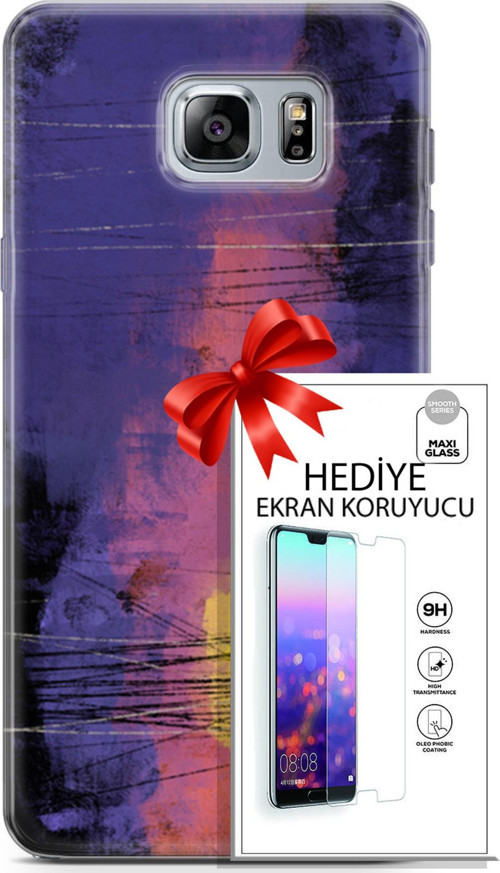 Samsung Galaxy Note 5 Kılıf Orijinal Seri Nature 04 Mor Kırmızı Silikon Kılıf + Ekran Koruyucu Full