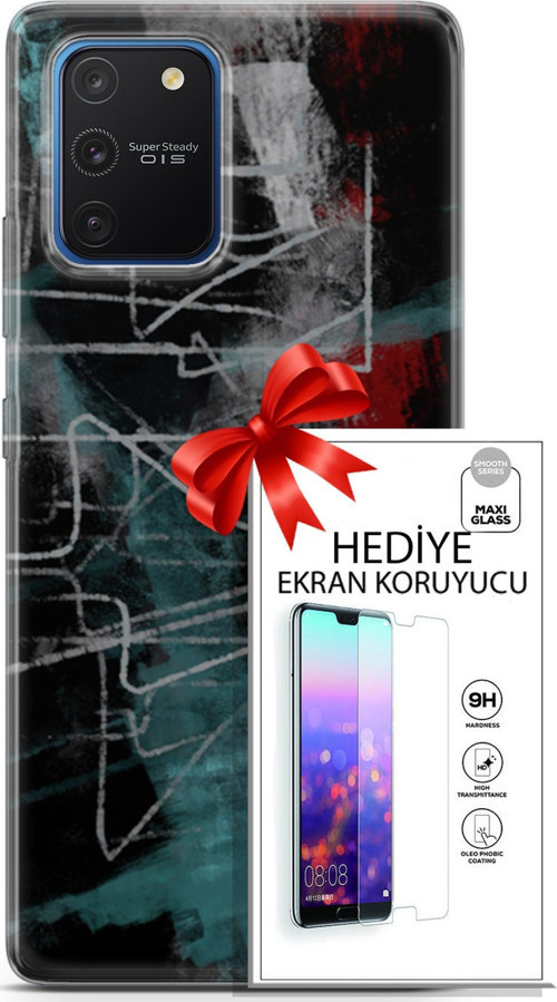 Samsung Galaxy S10 Lite Kılıf Orijinal Seri Nature 07 Gri Çizgiler Desenli Kılıf + Ön Ekran Koruyucu