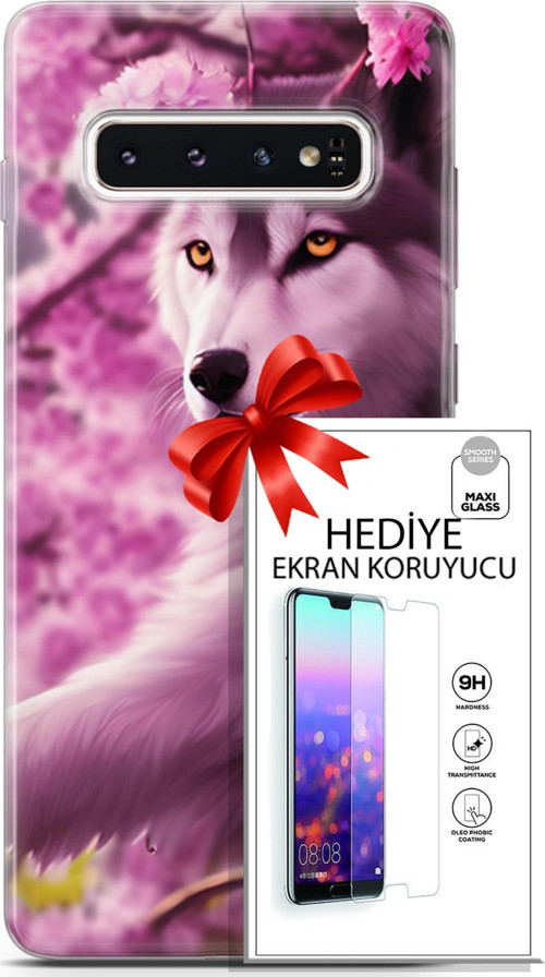 Samsung Galaxy S10 Kılıf Orijinal Seri Dogs 02 Çiçekler Ve Kurt Kapak Ve Ekran Koruyucu