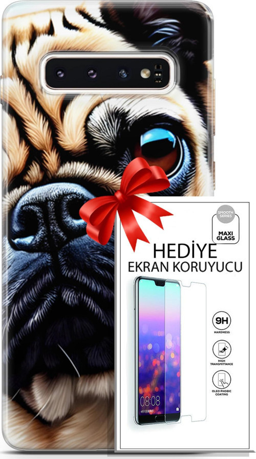 Samsung Galaxy S10 Kılıf Orijinal Seri Dogs 08 Pug Baskılı Kılıf + Ekran Koruyucu