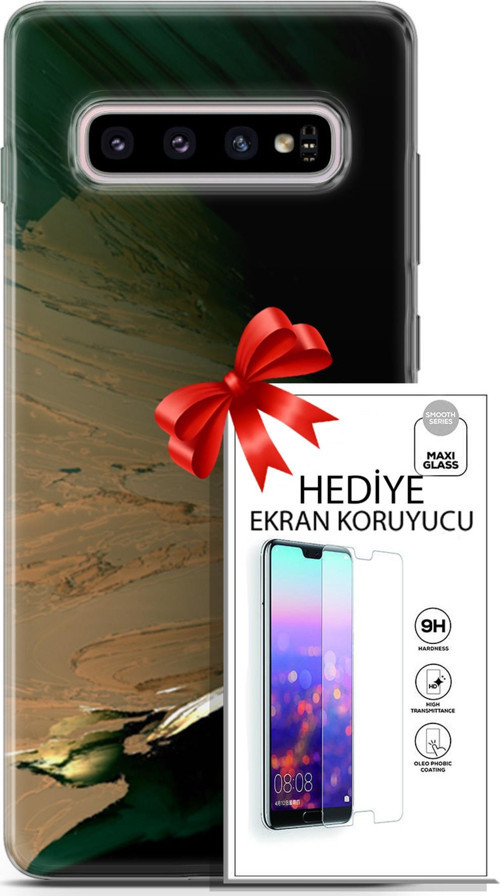 Samsung Galaxy S10 Plus Kılıf Orijinal Seri Nature 02 Yeşil Sarı Kapak Ve Ekran Koruyucu