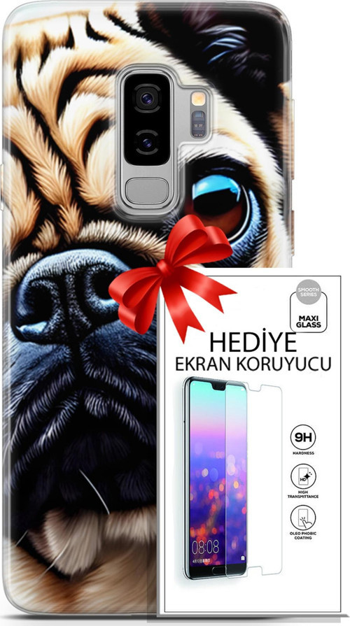 Samsung Galaxy S9 Plus Kılıf Orijinal Seri Dogs 08 Pug Baskılı Kılıf + Ekran Koruyucu