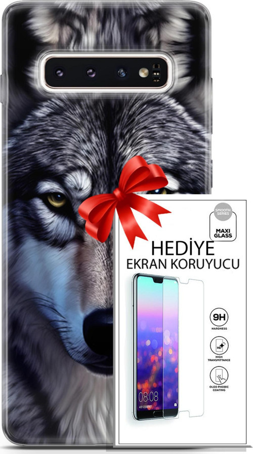 Samsung Galaxy S10 Kılıf Orijinal Seri Dogs 07 Kurt Yüz Desenli Kılıf + Ön Ekran Koruyucu