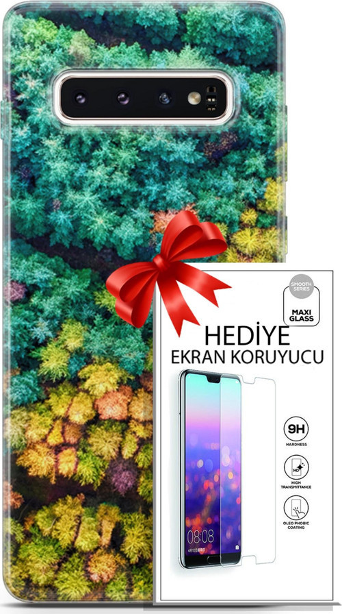 Samsung Galaxy S10 Kılıf Orijinal Seri Fantasy 08 Kuşbakışı Orman Baskılı Kılıf + Ekran Koruyucu