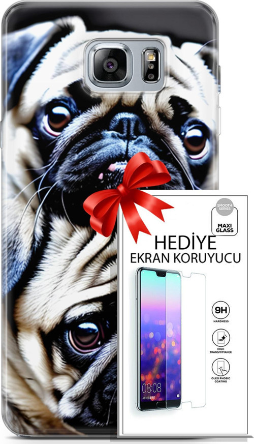 Samsung Galaxy Note 5 Kılıf Orijinal Seri Dogs 20 İkili Pug Renkli Kılıf Ekran Koruyucu