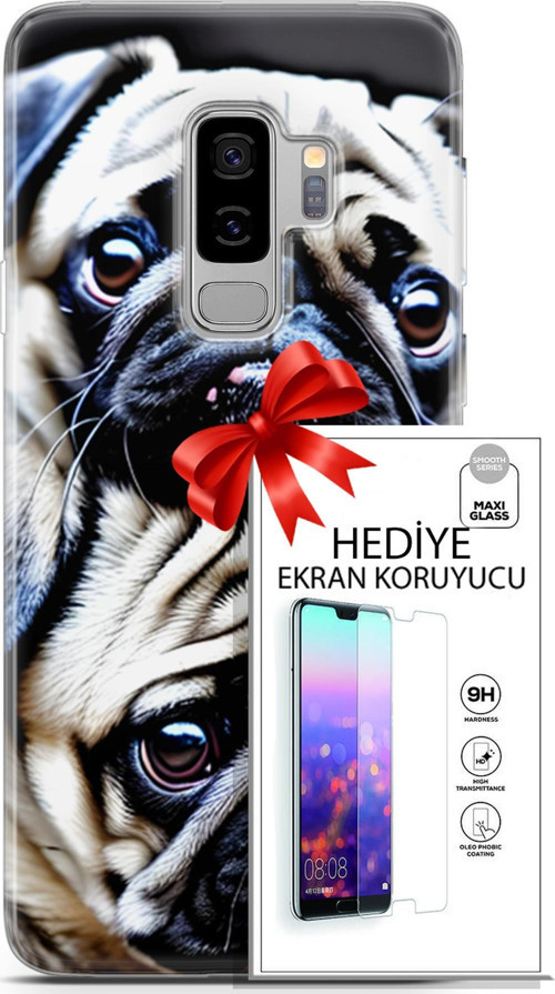 Samsung Galaxy S9 Plus Kılıf Orijinal Seri Dogs 20 İkili Pug Renkli Kılıf Ekran Koruyucu