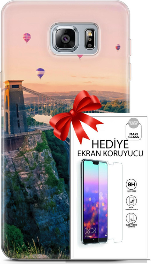 Samsung Galaxy Note 5 Kılıf Orijinal Seri Fantasy 07 Köprü Balonlar Desenli Kılıf + Ön Ekran Koruyucu