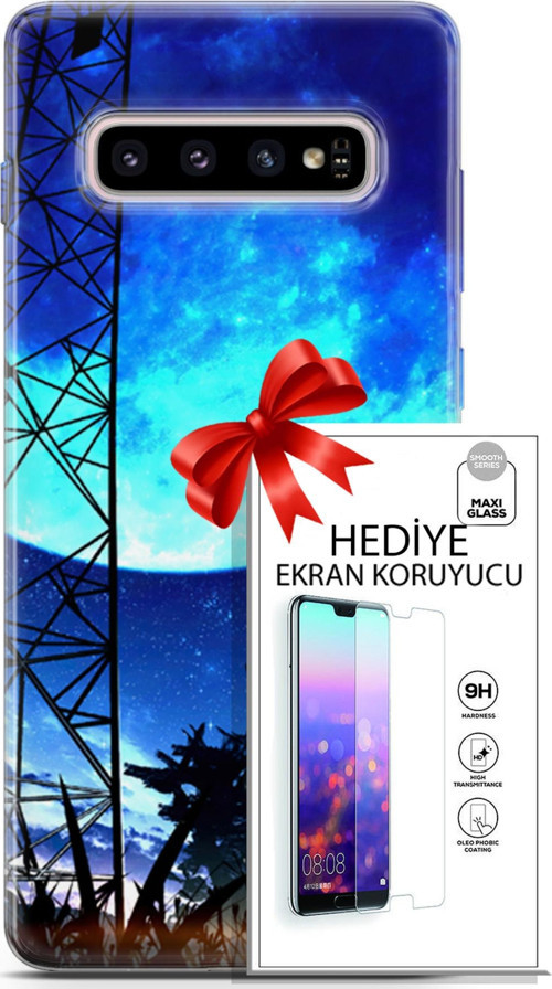 Samsung Galaxy S10 Plus Kılıf Orijinal Seri Fantasy 24 Mavi Ay Darbe Emici Kılıf + Ekran Koruyucu
