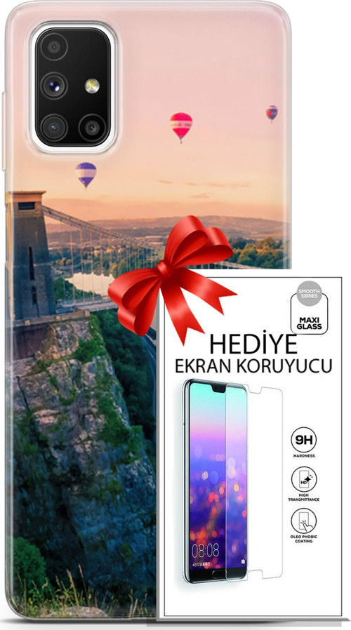 Samsung Galaxy M51 Kılıf Orijinal Seri Fantasy 07 Köprü Balonlar Desenli Kılıf + Ön Ekran Koruyucu