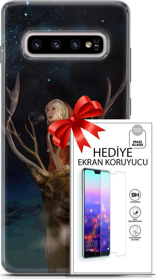 Samsung Galaxy S10 Plus Kılıf Orijinal Seri Fantasy 18 Geyik Kız Parlak Kılıf + Ekran Koruyucu Full