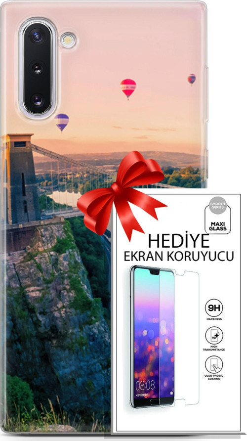 Samsung Galaxy Note 10 Kılıf Orijinal Seri Fantasy 07 Köprü Balonlar Desenli Kılıf + Ön Ekran Koruyucu